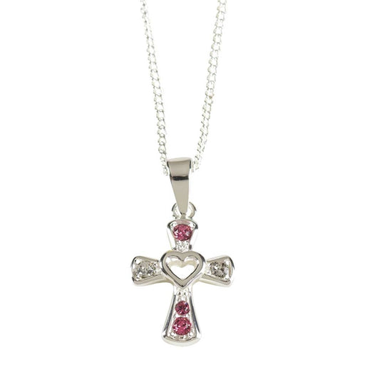 Pendant-Cross/Cut Out Heart w/CZ Stones-16 in Silver Plated
