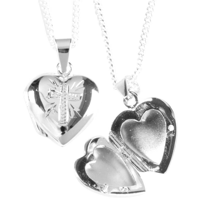 Pendant-Locket-Heart w/Cross-18 in Silver Plated