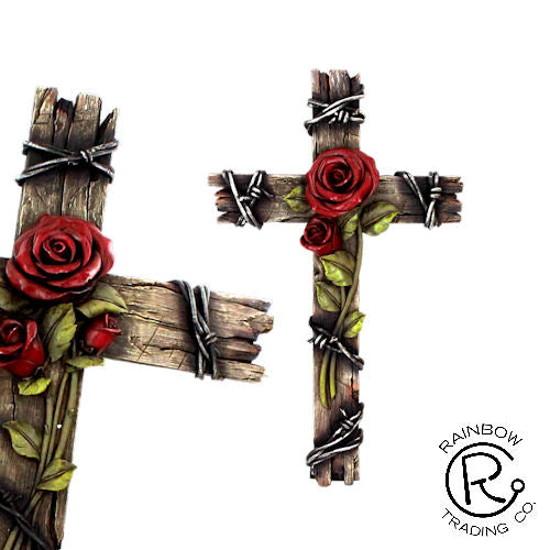 Wall Cross-Rose W/Wood Look-Barbed Wire-10 Inch
